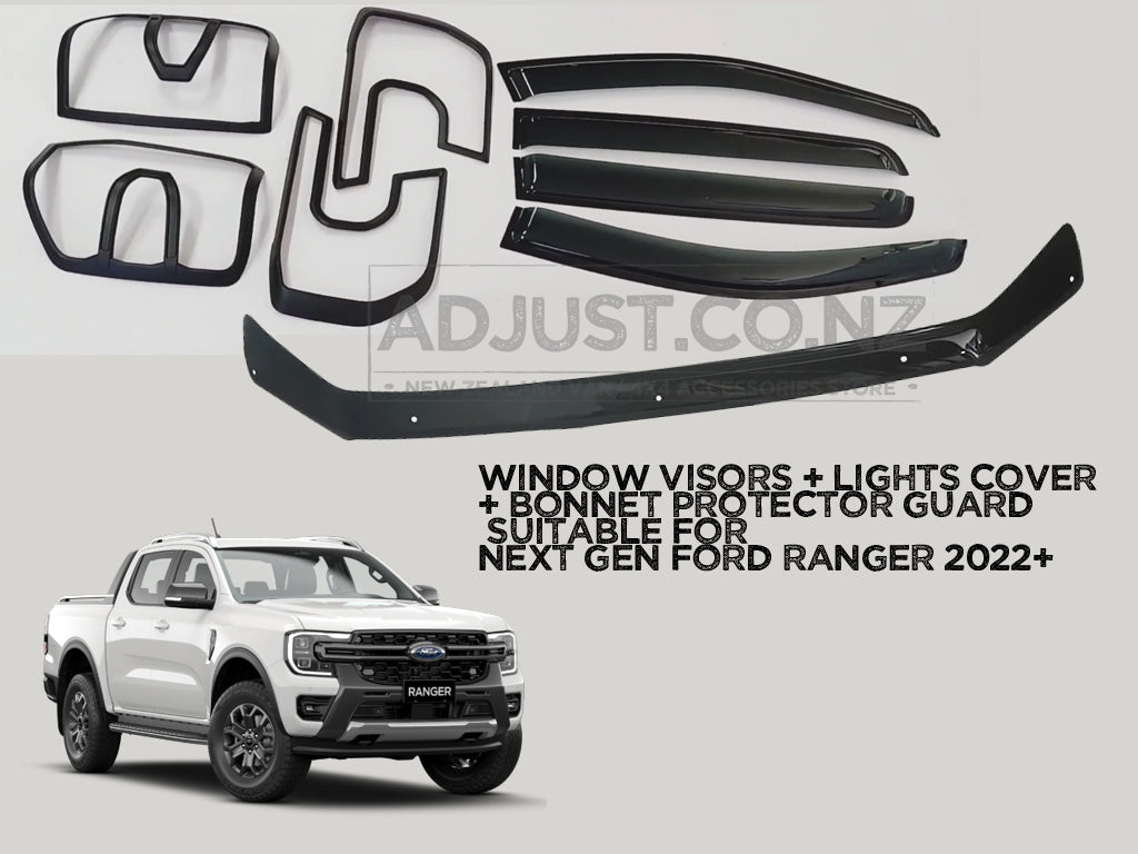 New Gen 2022+ Ford Ranger Window Visors + Light Trim Covers + Bonnet Protector